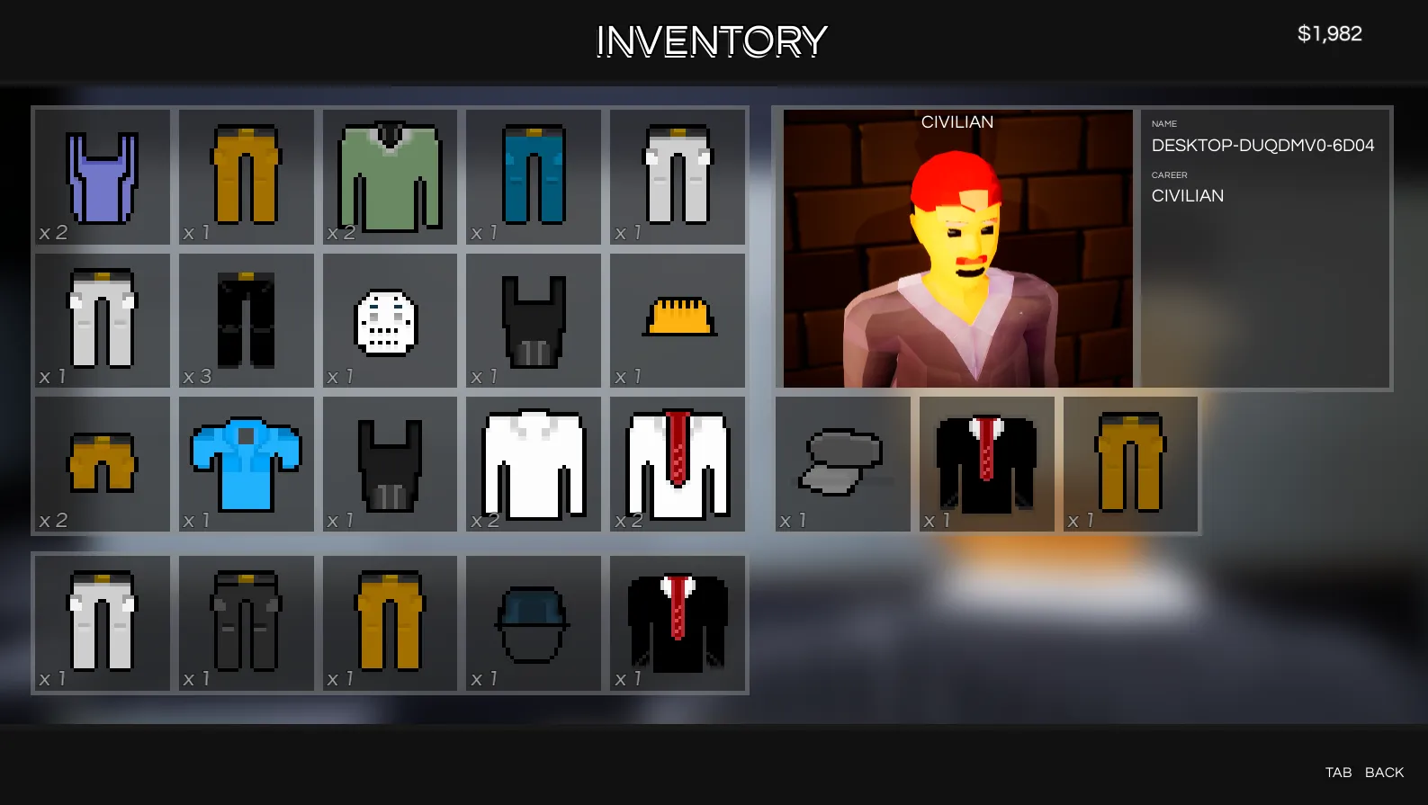 Player character wearing different clothing combination