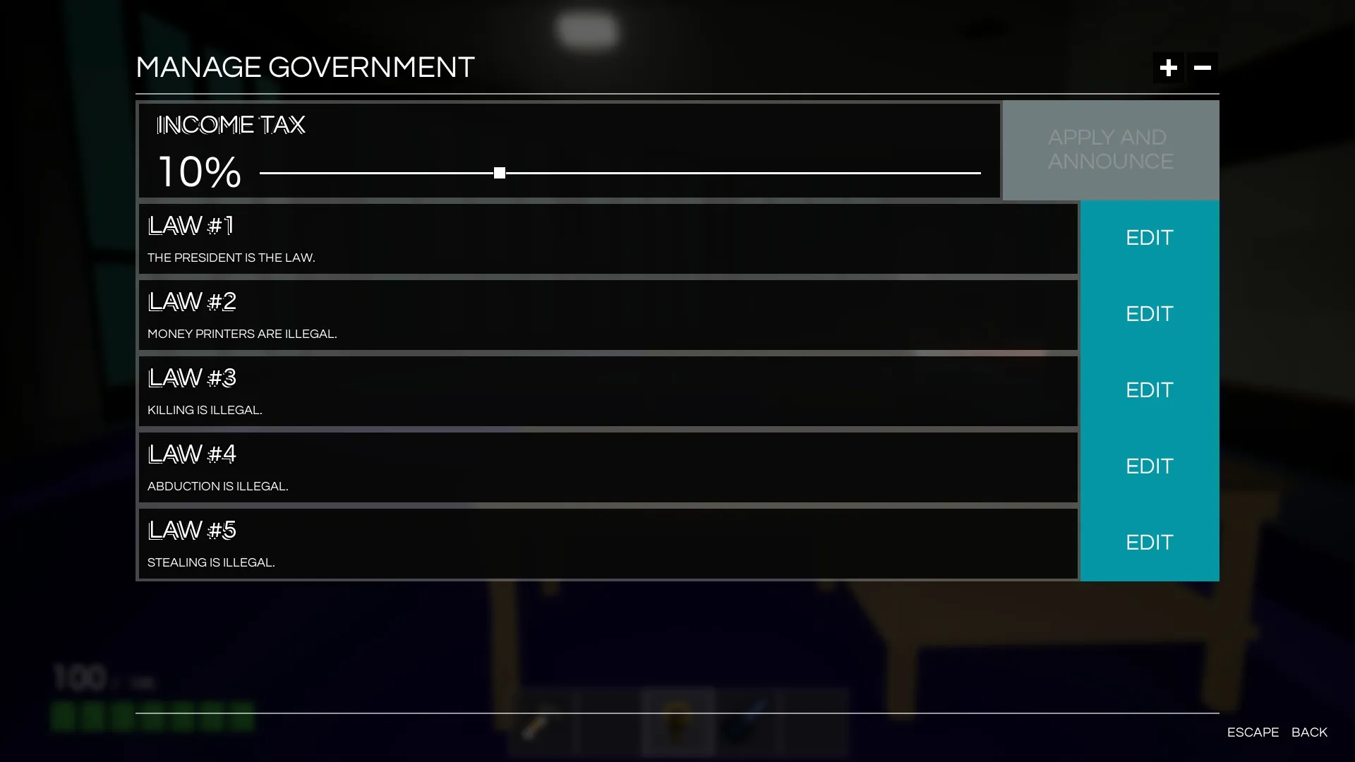Manage Government menu showing tax and law options