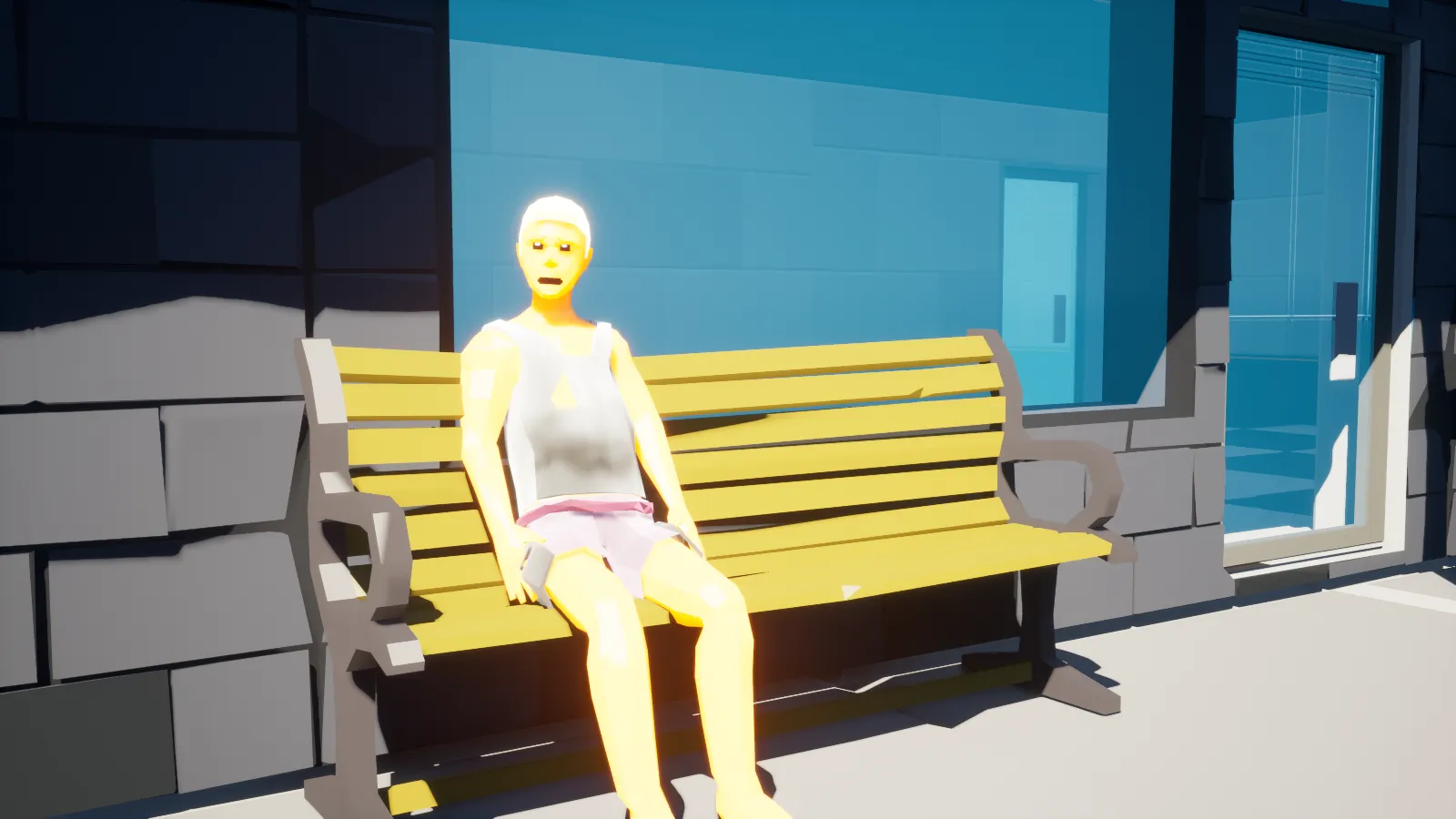 Player character sitting on a park bench