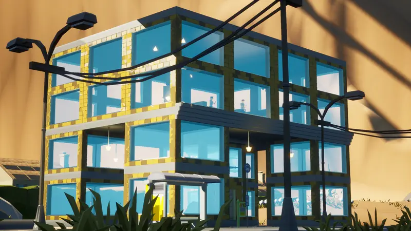 City architecture with visible interiors